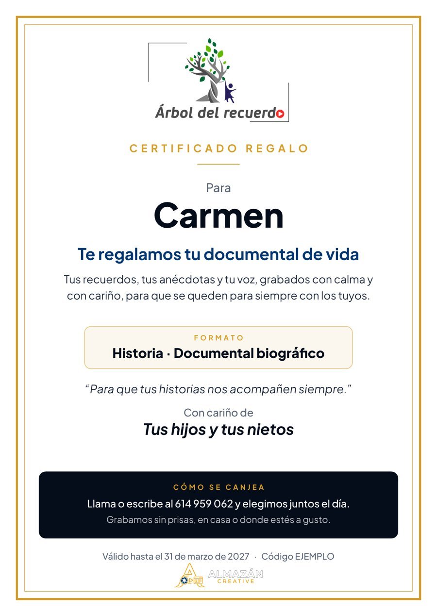 Ejemplo de certificado regalo del Árbol del Recuerdo con el nombre de la persona homenajeada, el formato elegido y cómo se canjea