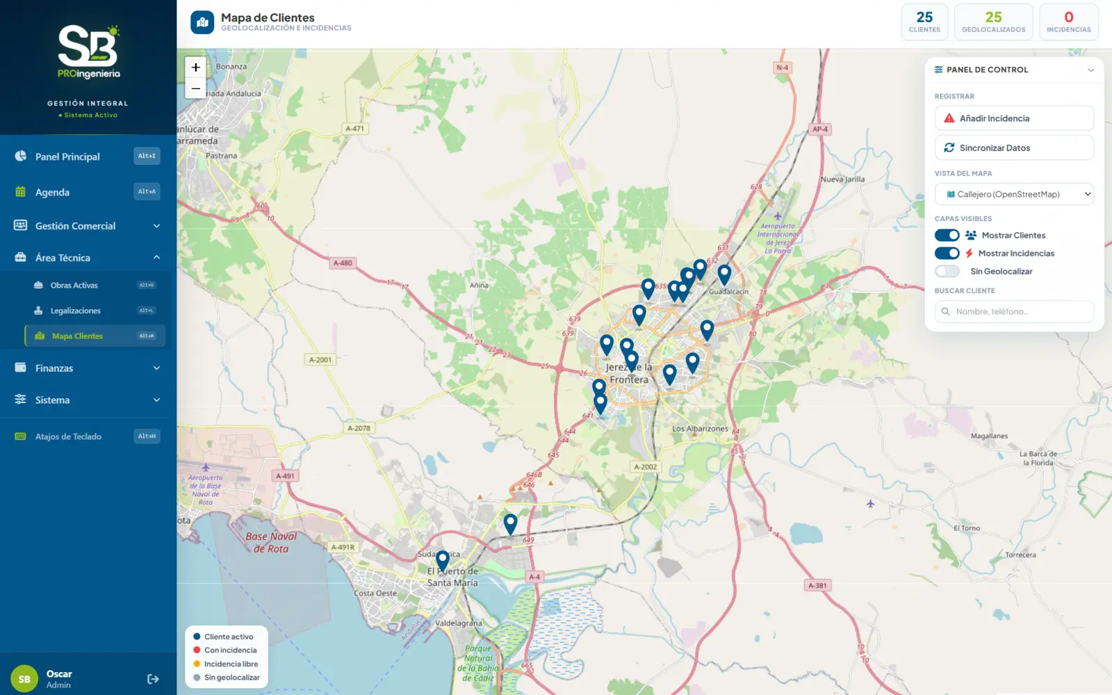 Web App a medida con mapa de clientes geolocalizados, Todo Controlado para empresas de ingeniería