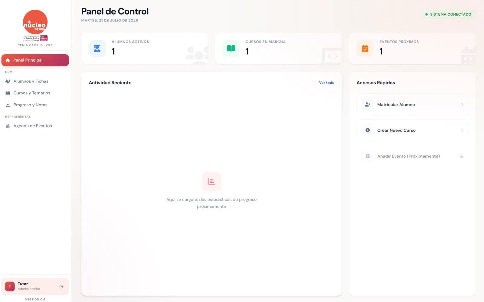 Panel de gestión de alumnos y cursos online, software propietario Todo Controlado