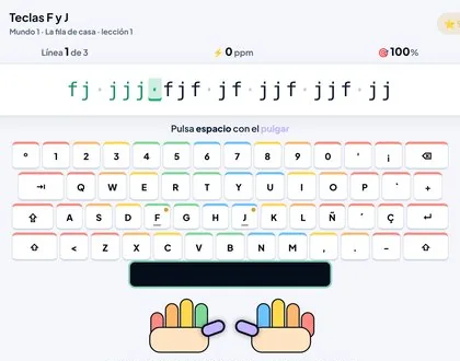 Ejercicio de Mecanografía: teclado en pantalla con los dedos marcados por colores