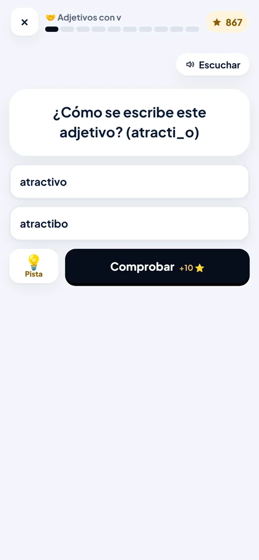 Un ejercicio de Lengua con el botón de pista y el de comprobar