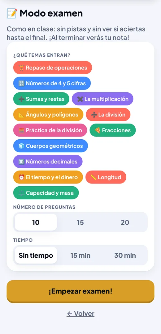 Pantalla de modo examen con los temas a elegir, con o sin tiempo